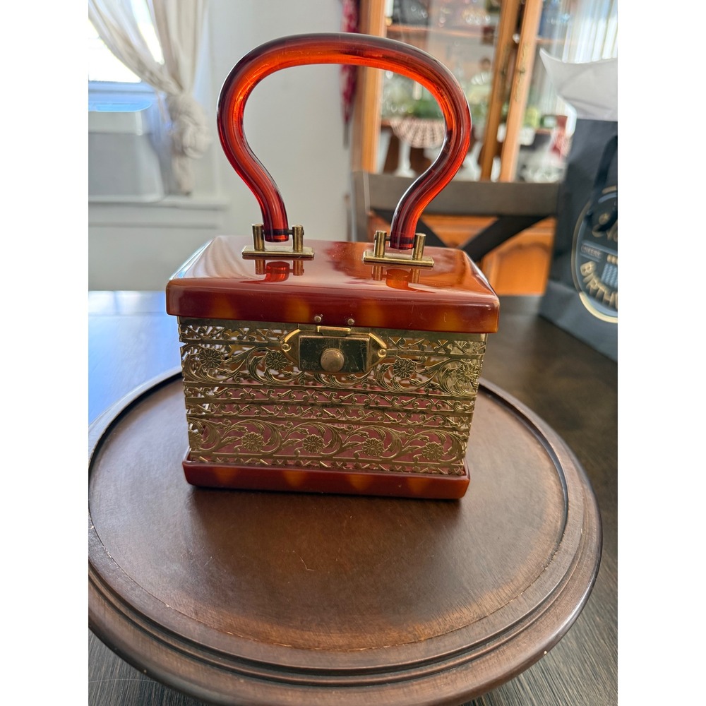 Vintage Tortoise Lucite Gold Filigree Box Bag Mid Century Evening Purse